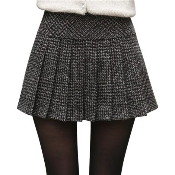Plaid Wool Pleated Mini Skirt High Waisted A Line Short Winter Skirt Women - Picture 1 of 5